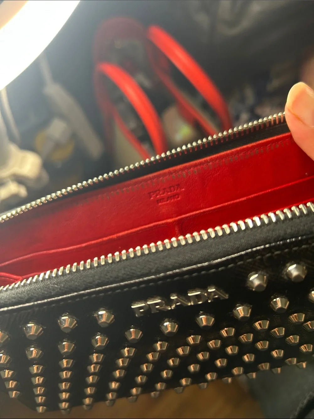 Prada Black Saffiano Leather Zip Wallet with Silver Studs